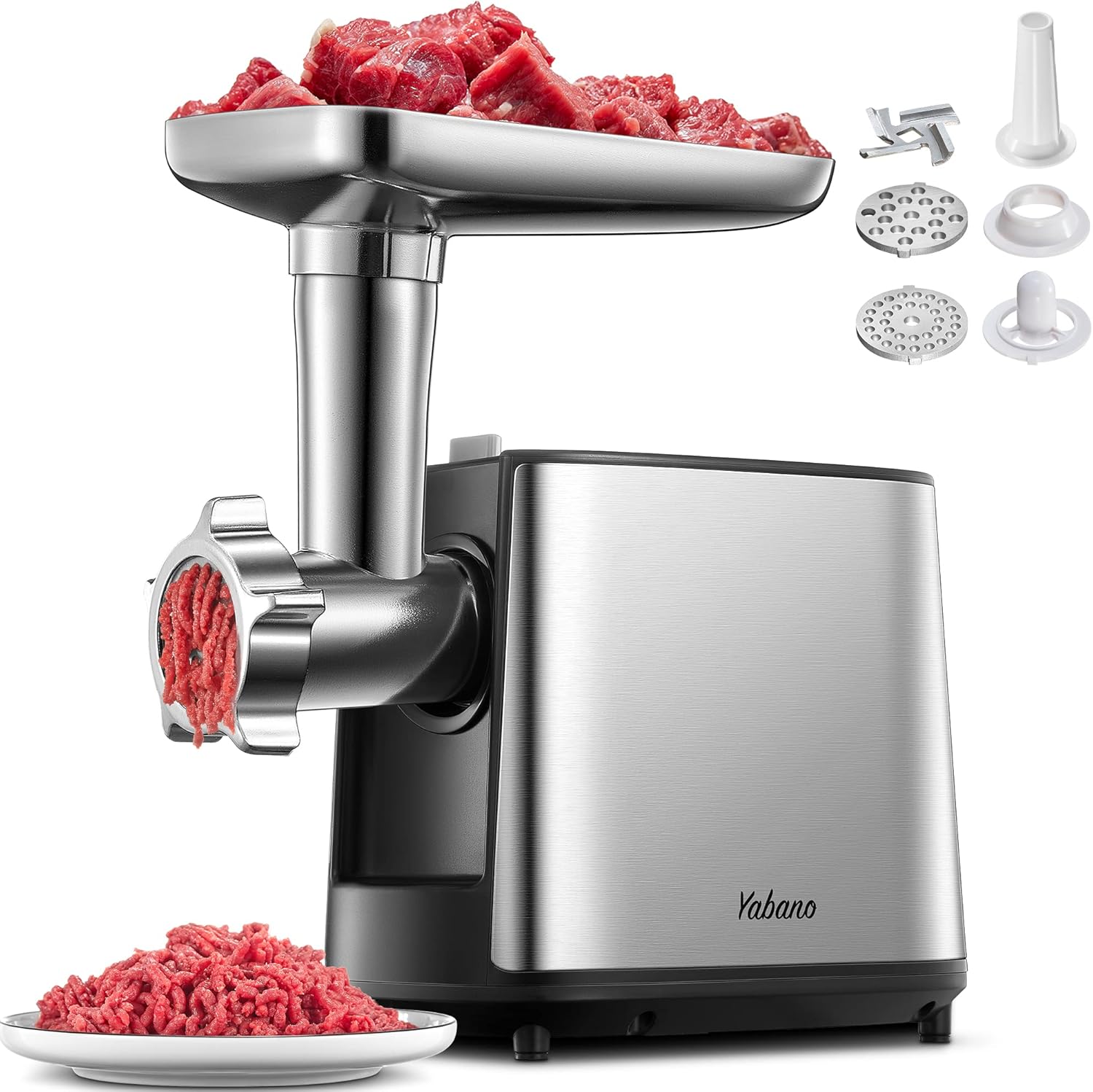 Yabano 3000W Max heavy-duty electric meat grinder in silver and black with sausage stuffer maker and kubbe kit